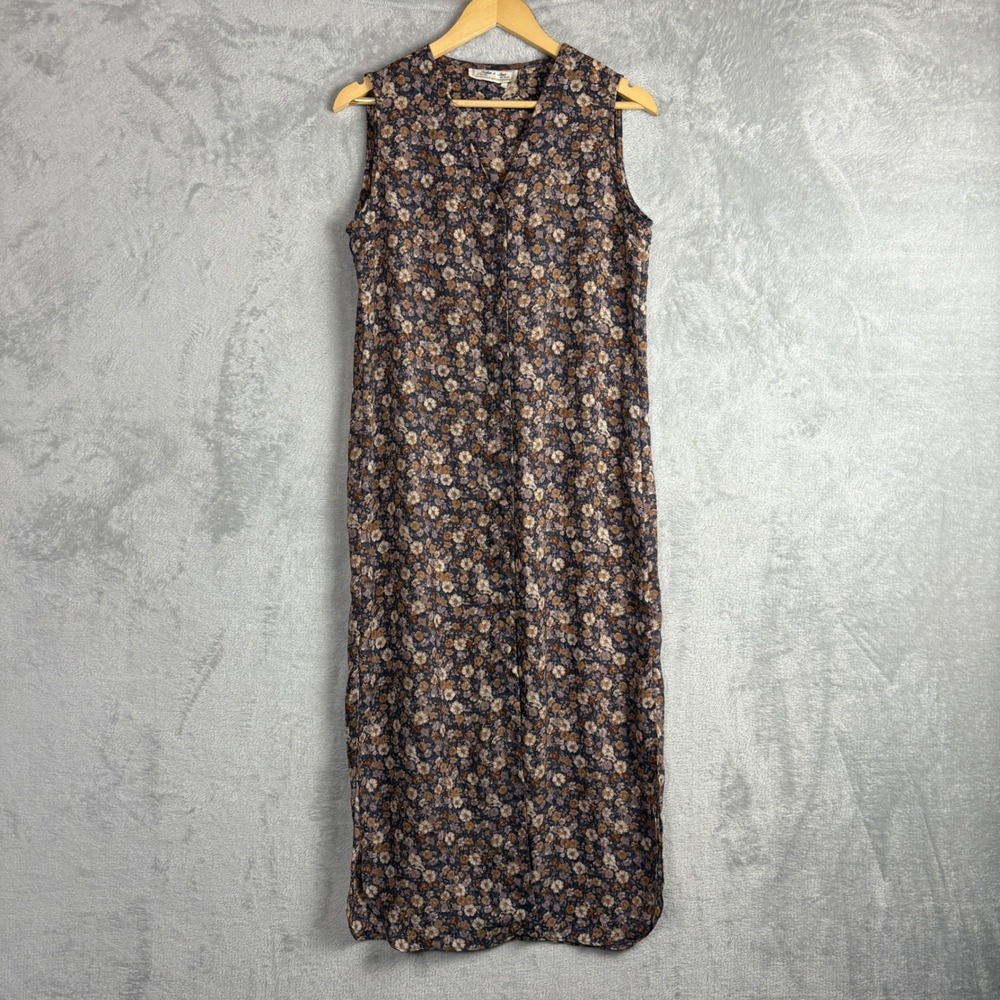 Vintage Dress Floral Button Front Maxi M/L Brown Blue 90s Grunge Boho Witchy